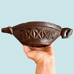 Antique Indian Kharal Bowl Hand Carved Wood Opium Drinking Vessel Spice Grinding